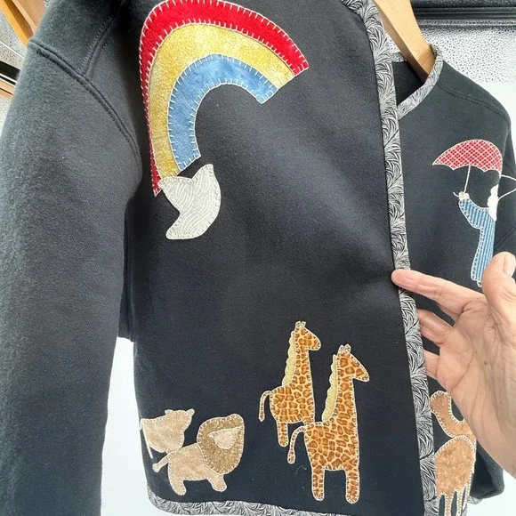 Unique Black Fleece Jacket Noah's Ark Animals Rainbow Applique Open Front Women - Picture 2 of 9